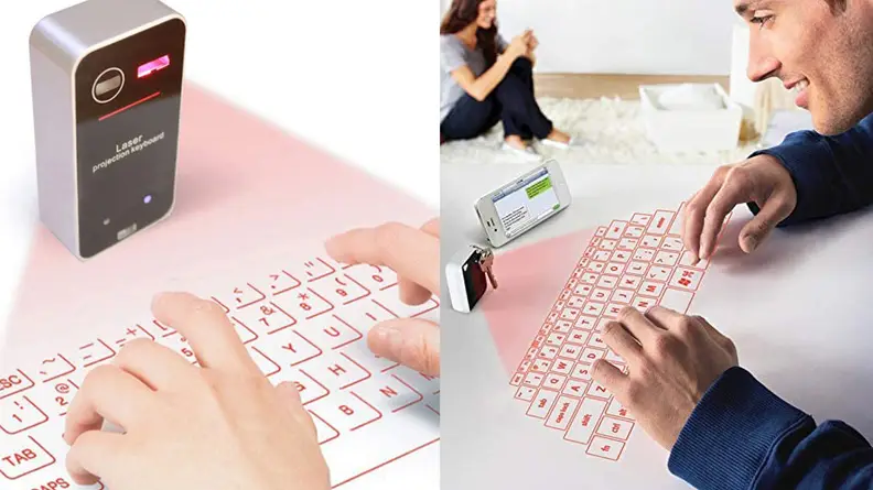 Person typing on projected keyboard.