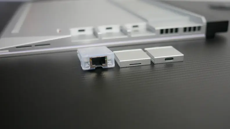 A close-up of the Framework Laptop 16 USB ports.