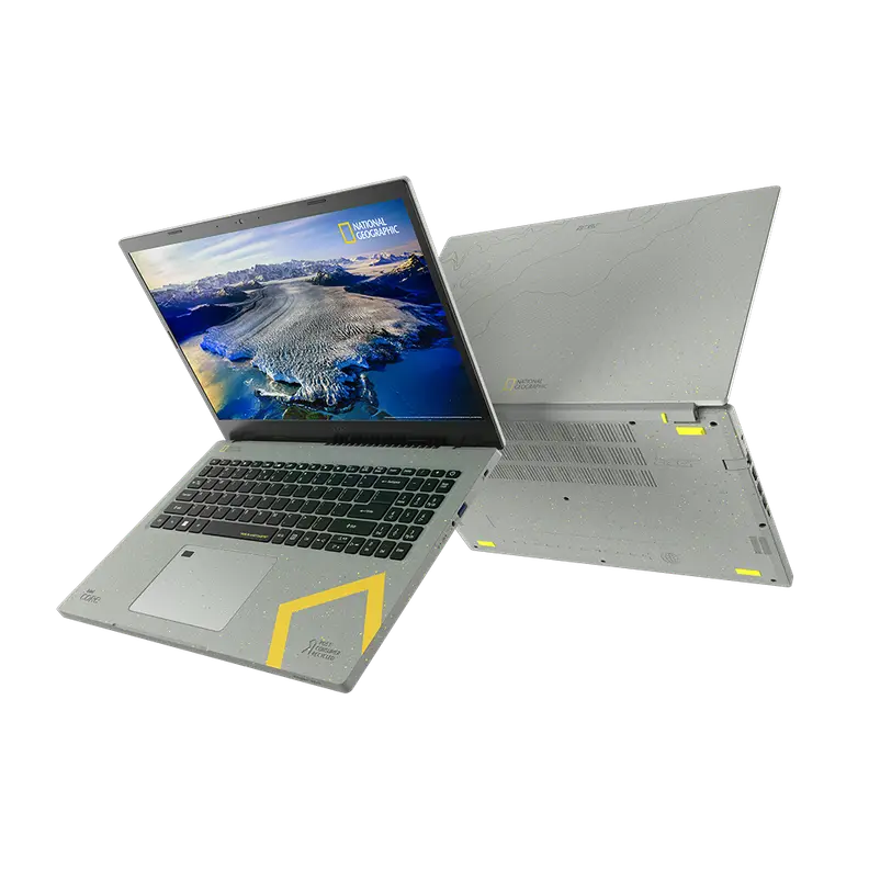 A front and back view of a light gray laptop
