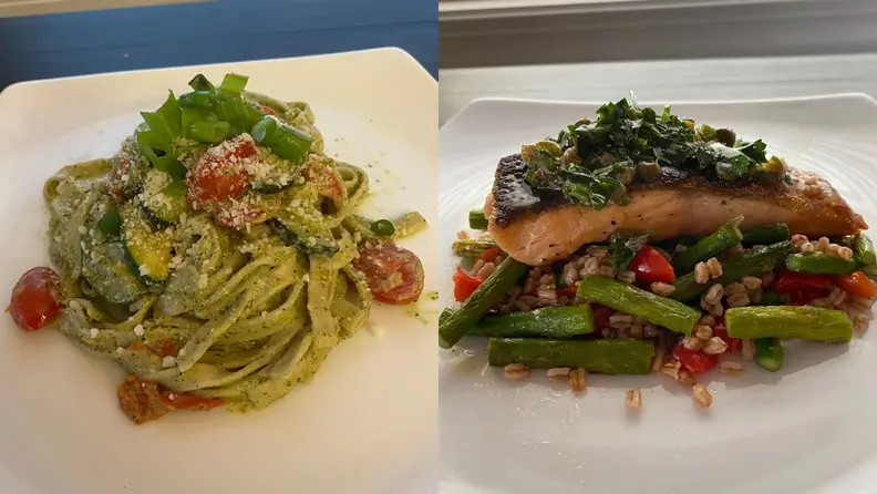 A prepared meal using blue Apron ingredients.