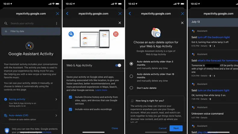 Four screenshots of Google Assistant privacy settings