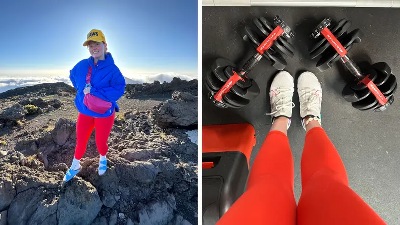 A photograph of the author wearing red tights and a blue jacket on a hike, and another photograph of the author’s legs in red leggings at the gym.