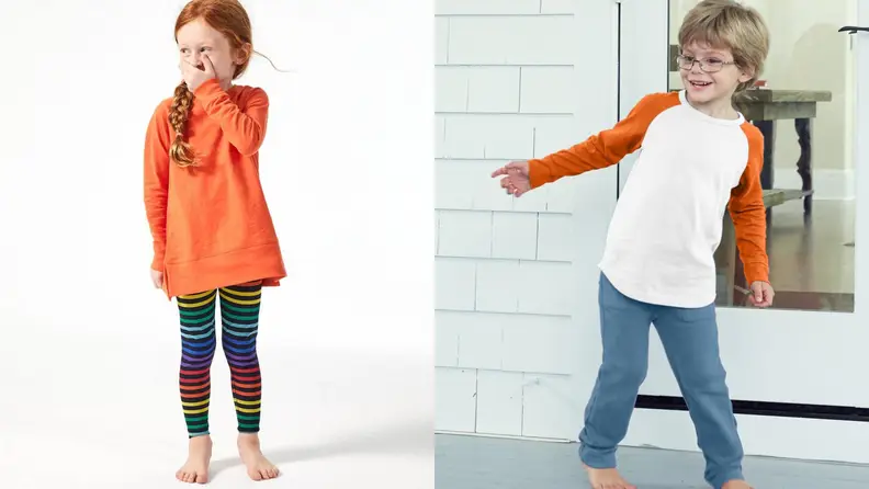 On the left: A young girl laughs with her hand over her mouth. On the left: A young boy dances on a front porch.