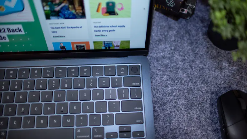 An overhead shot of the keyboard of a Macbook Air M2, showing full-height function keys.