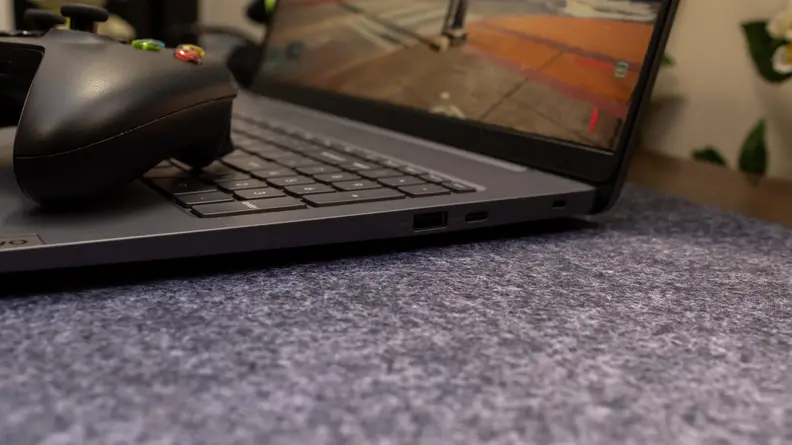 A side view of a Lenovo Ideapad Gaming Chromebook showing its ports.