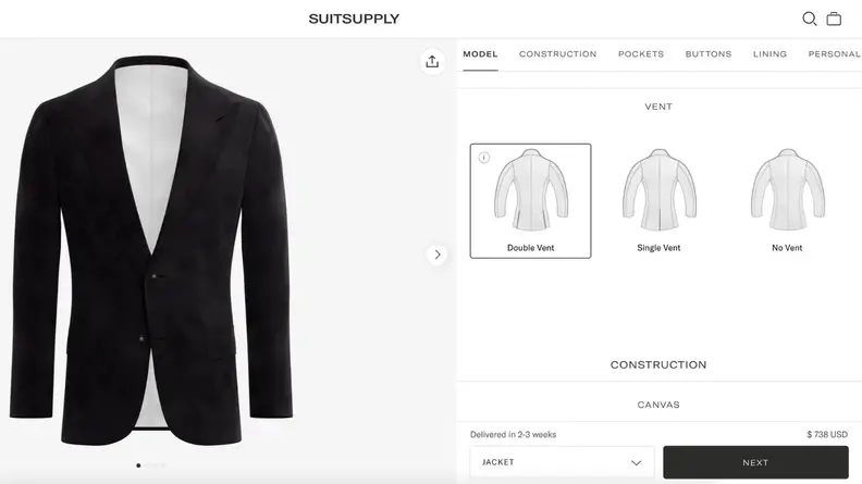 Screenshot of Suitsupply Custom Made program.