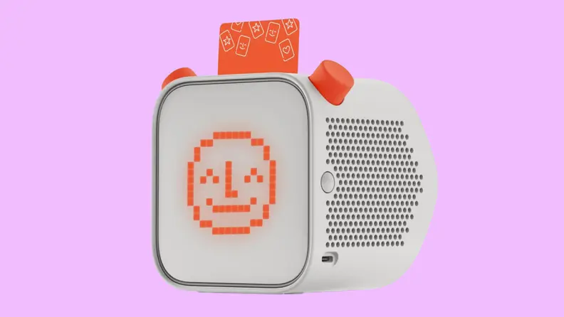 A screen-free audio player for books and more on a purple background.