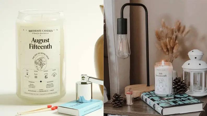 A split image of a Birthday Candle and another of a Birthday Candle on a nightstand depict what could be one of the best birthday gifts for Aries season.