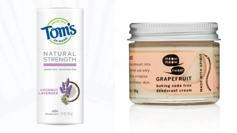 On the left: A stick of Toms of Maine Deodorant. On the right: A jar of Meow Meow Tweet Deodorant