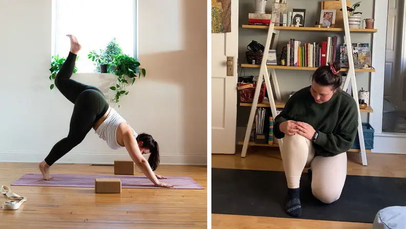 Collage of the author doing a downward-facing yoga pose in black leggings and a white tank top, and on the right is an image of the author holding another kneeling pose in a black sweatshirt with cream-colored leggings on.
