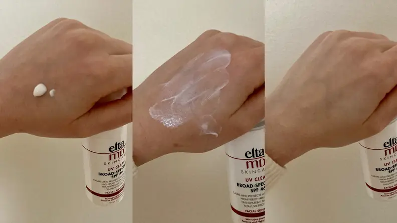 The author's hand in three side by side by side images showing a white cream being rubbed in.