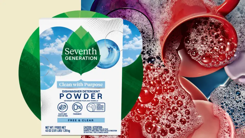Left: Seventh Generation dishwasher detergent powder; Right: dishes soaked in soapy water