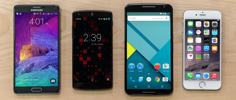 A size comparison of the Samsung Galaxy Note 4, Google Nexus 5, Google Nexus 6, and Apple iPhone 6.