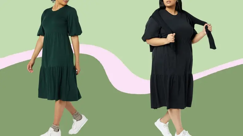 Two women in green and black puff-sleeved dresses with white sneakers