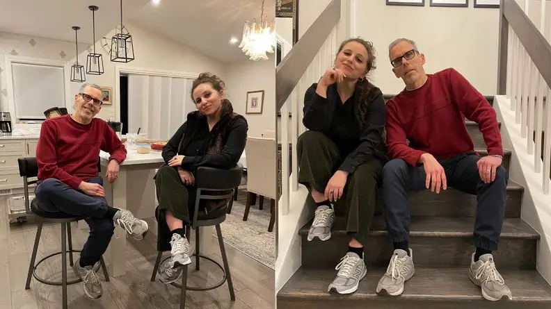 New Balance 990v5 on the feet of a father and daughter.