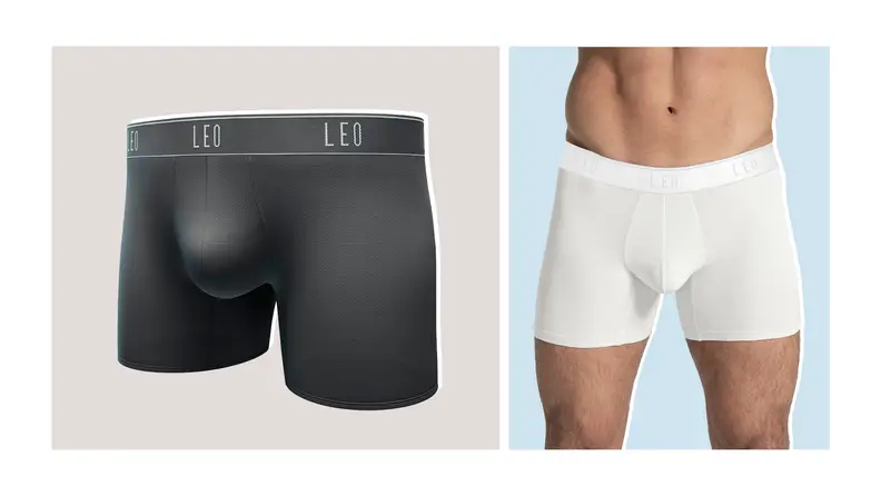 Collage image of a pair of black boxer briefs, and also a model wearing the same underwear in white.