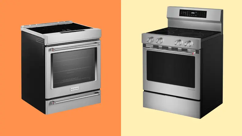 Two similar KitchenAid ranges: See the slide-in version on the left, and the freestanding version on the right.