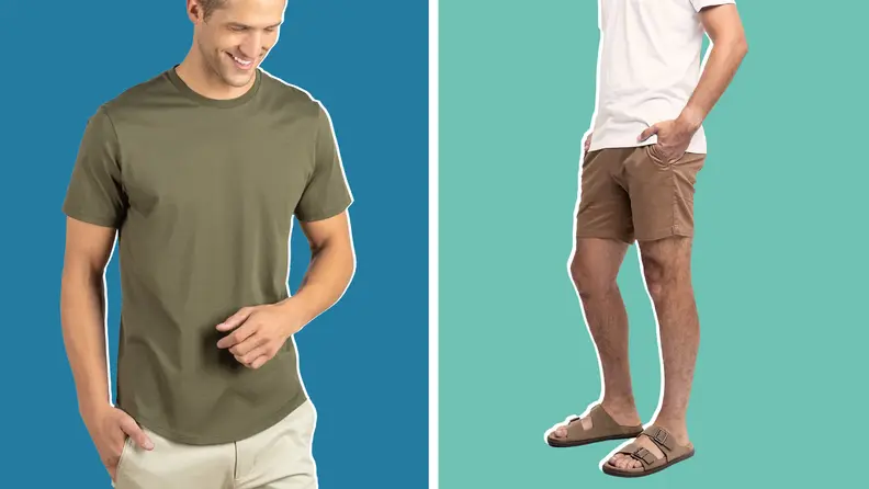 A model wearing a green t-shirt, and a model wearing khaki shorts.