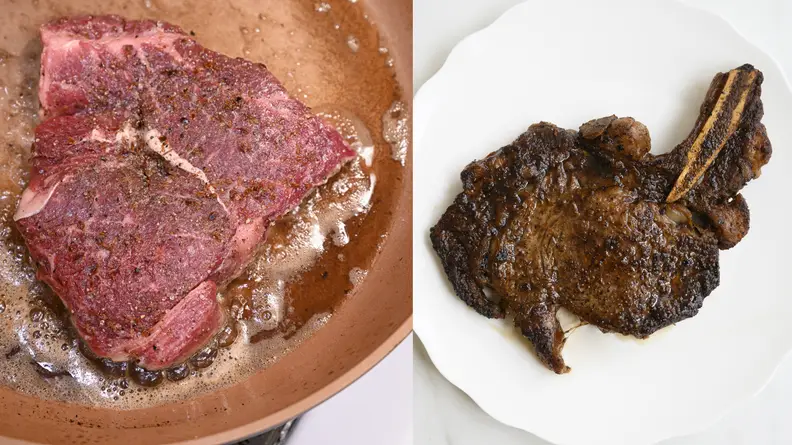 On left, raw steak in a pan being cooked. On right, cooked steaka on a white plate.