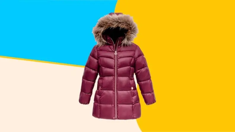 A purple Michael Kors winter jacket on a blue and yellow background.