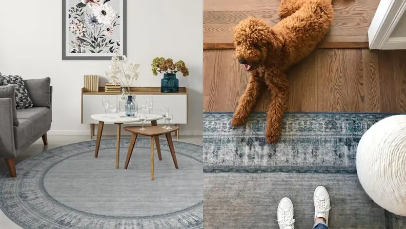 This slate blue rug comes in all shapes and sizes.