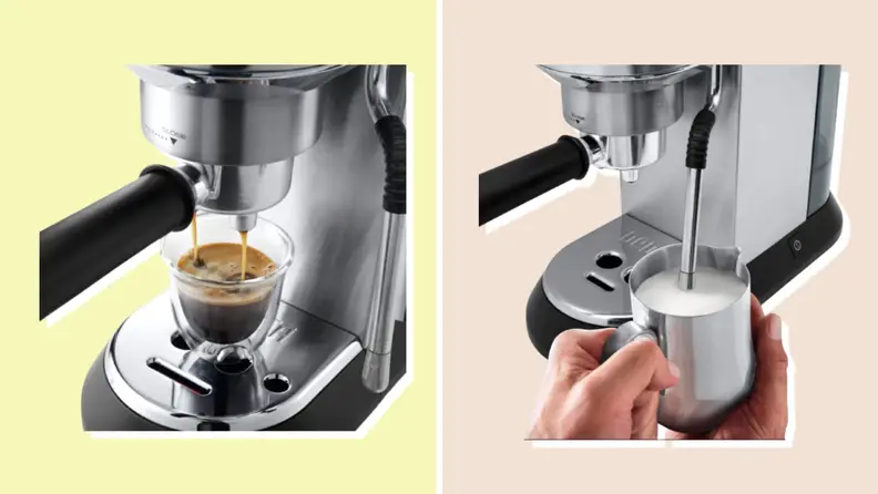 On left, close-up of De'Longhi Dedica Arte brewing espresso. On right, close-up of De'Longhi Dedica Arte frothing milk.