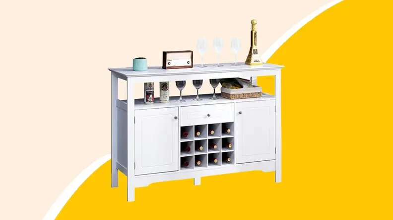 Bar cart on wheels with wine storage racks.