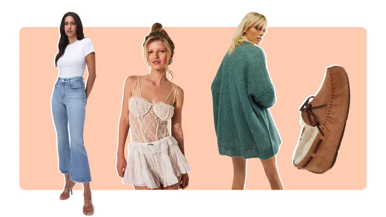 A model wearing blue jeans with a white t-shirt, a model wearing lacy underwear, a model wearing an oversized green cardigan, and an Ugg slipper.