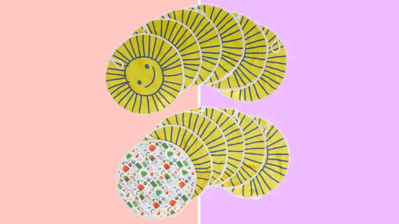 A collection of dusting mits with smiley faces on them against a coral and purple background.