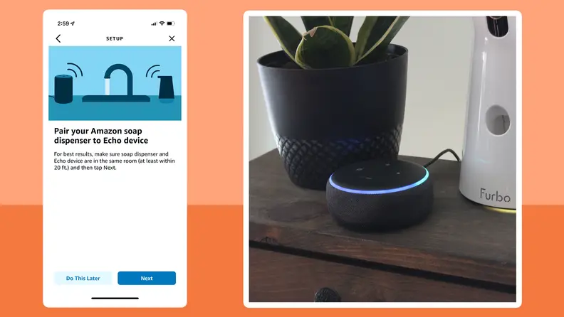 On left, screenshot from the Amazon Smart Soap Dispenser phone app with a music control feature. On right, Amazon Echo Dot on hardwood surface next to potted plant.