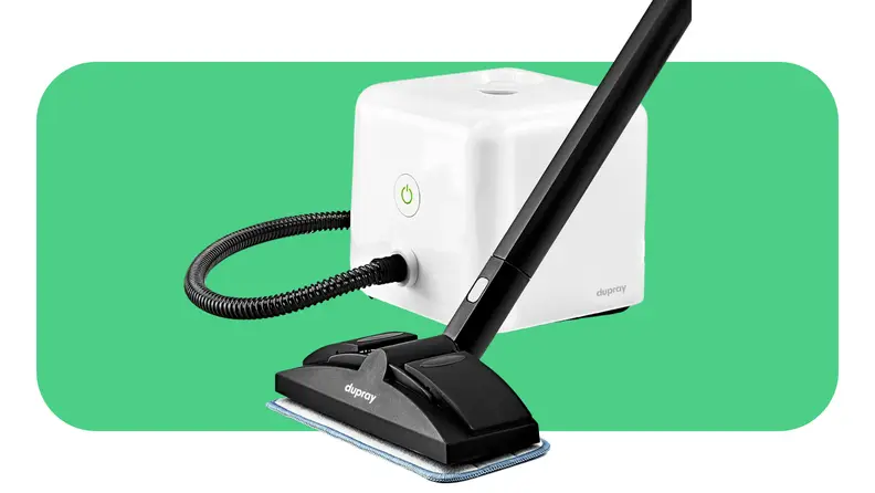 A black and white Dupray Neat Steam Cleaner.