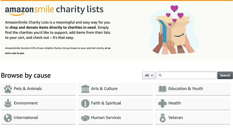 List of charity categories supported by the Amazon Smile program: pets, arts, education, environmental, religious, health, and so on.