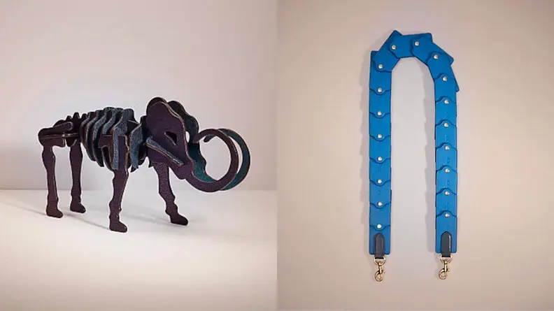 A Coach bag that has been morphed into a woolly mammoth, an old Coach bag morphed into a hangtag.