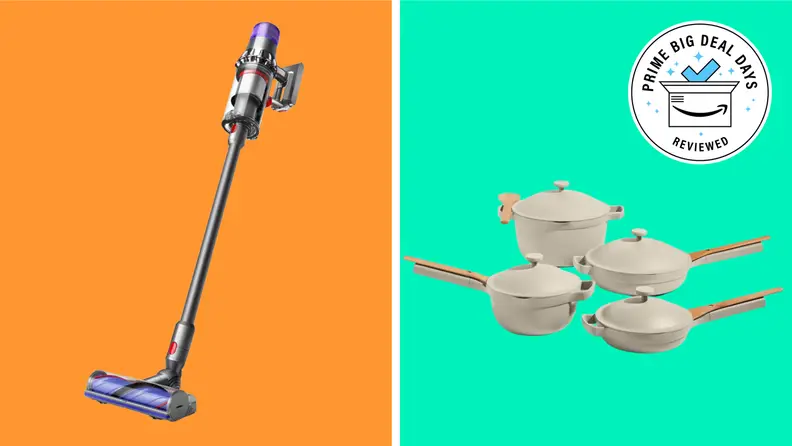 A Dyson vacuum and Our Place cookware set with the Prime Big Deal Days Reviewed badge in front of colored backgrounds.