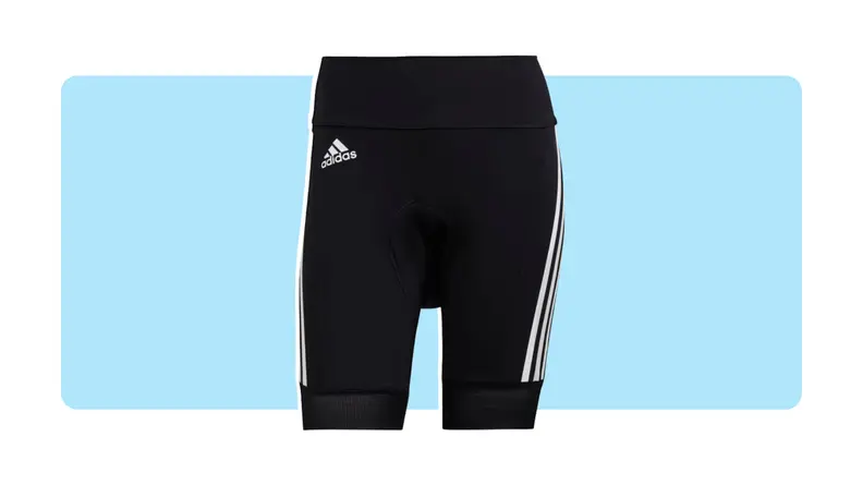 Product shot of the black Adidas Cycling short with three white stripes along both of the legs.