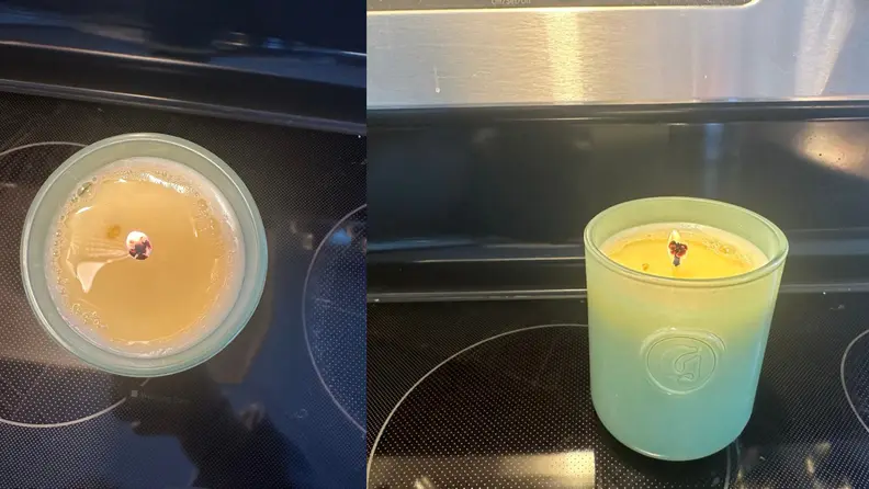 On the left, an overhead shot of a candle with unevenly burned wax. On the right, the same candle from the side.