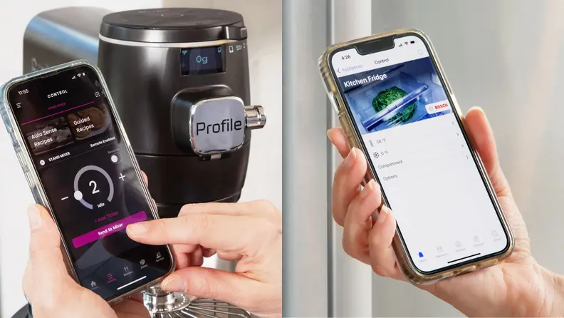 Left: hand using GE appliance on smartphone with stand mixer in background. Right: hand holding smartphone with Home Connect app open
