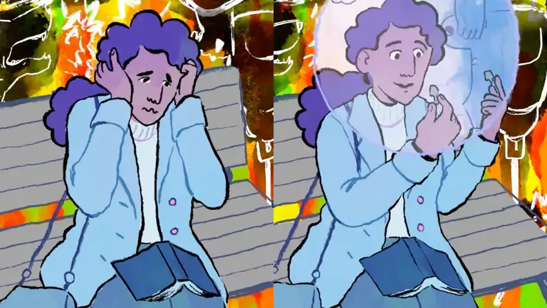 On left, cartoon being overstimulated in public. On right, cartoon using earbuds to calm herself.