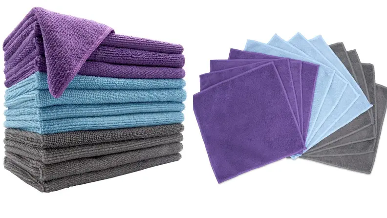 Stack of gray, blue and purple microfiber cloths.
