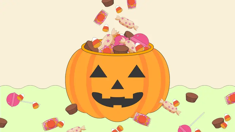 A pumpkin with candy on a yellow and green background