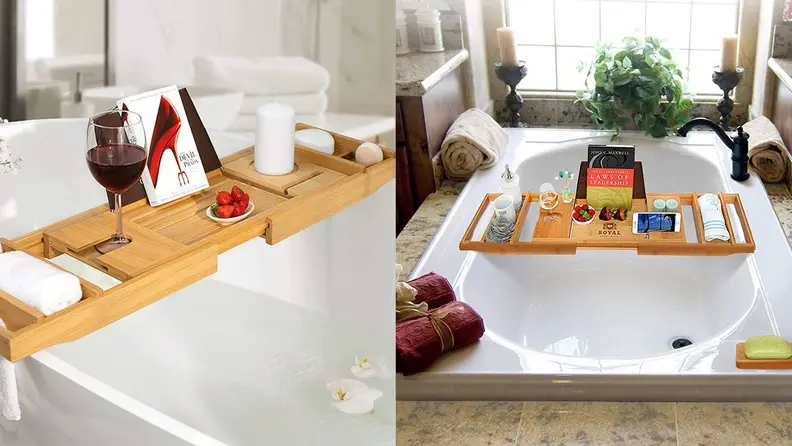 Two wooden bathtub caddy trays over bubble baths.