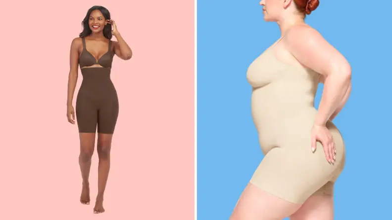 A model wearing shaping shorts, and another model wearing a bodysuit.