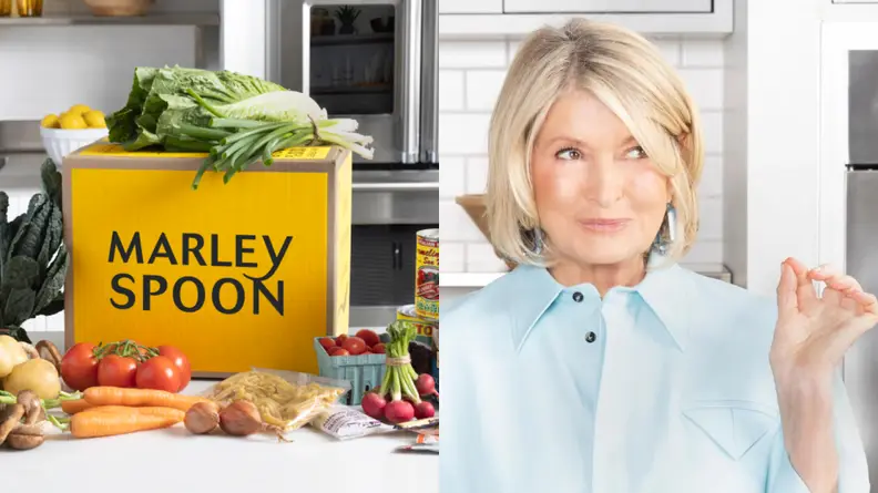 A photo collage of a Marley Spoon shipping box surrounded by fresh vegetables and a photo of Martha Stuart grinning.