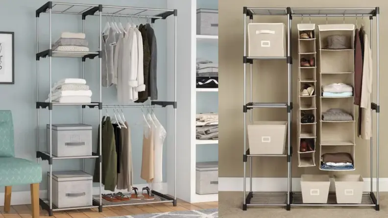 Side-by-side images of a closet organizer in two different rooms