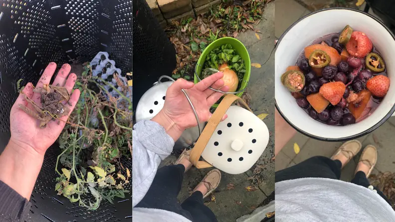 Left: Hand full of dirt over a compost bin; Middle: Hand carrying three small compost bins; Right: A bowl of food ready for composting.