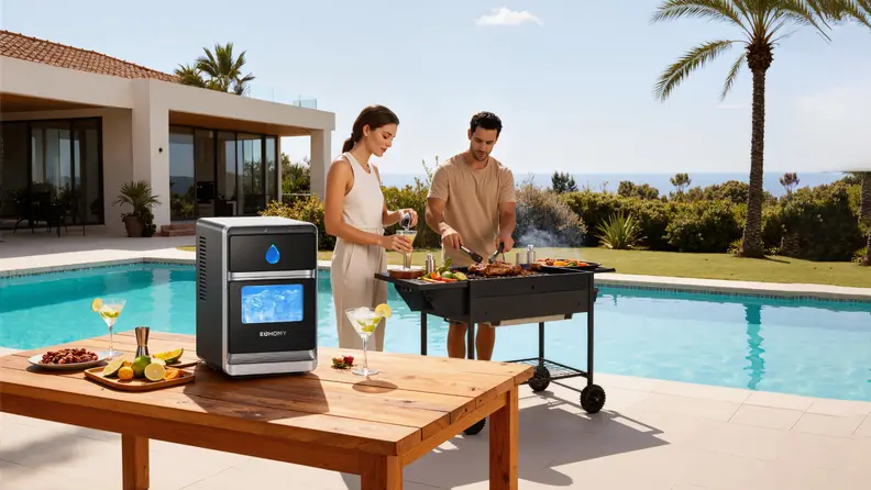 Euhomy Luna Pro Crescent Ice Maker on a patio table beside a pool while a couple grills outdoors.