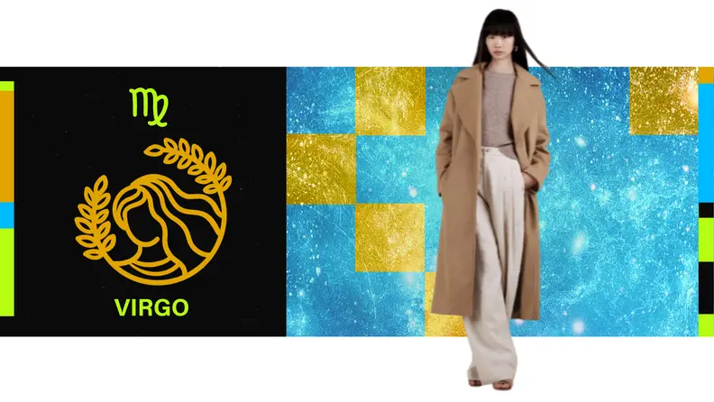 On the left is the symbol for Virgo, and on the right is a model wearing a camel coat, light pants, and a beige shirt.