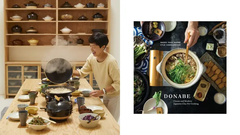 Left: Naoko Takei Moore stands next to a table as she uncovers a cooking vessel to reveal steaming soup inside. Right: The cover of Takei Moore's donabe cookbook.
