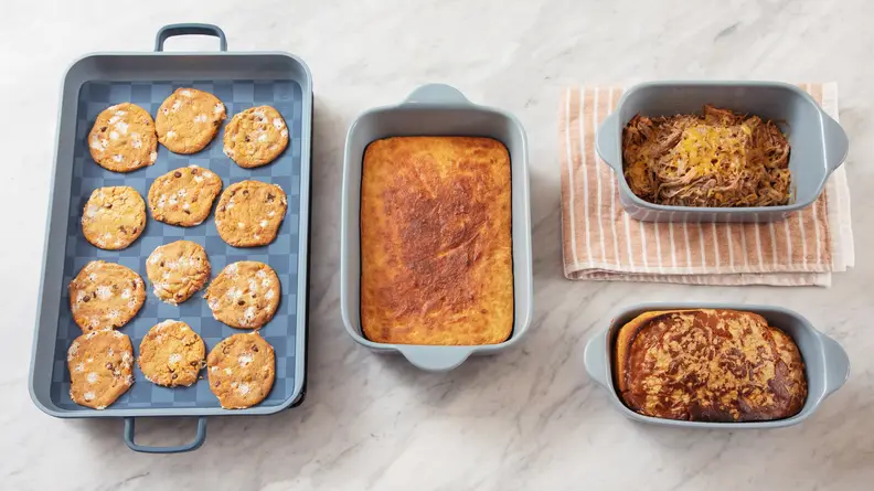 An overhead view of four baked goods in Our Place Bakeware.