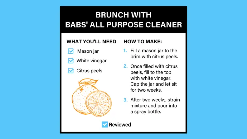 A graphic explaining how to make an all-natural cleaner using citrus peels and white vinegar.